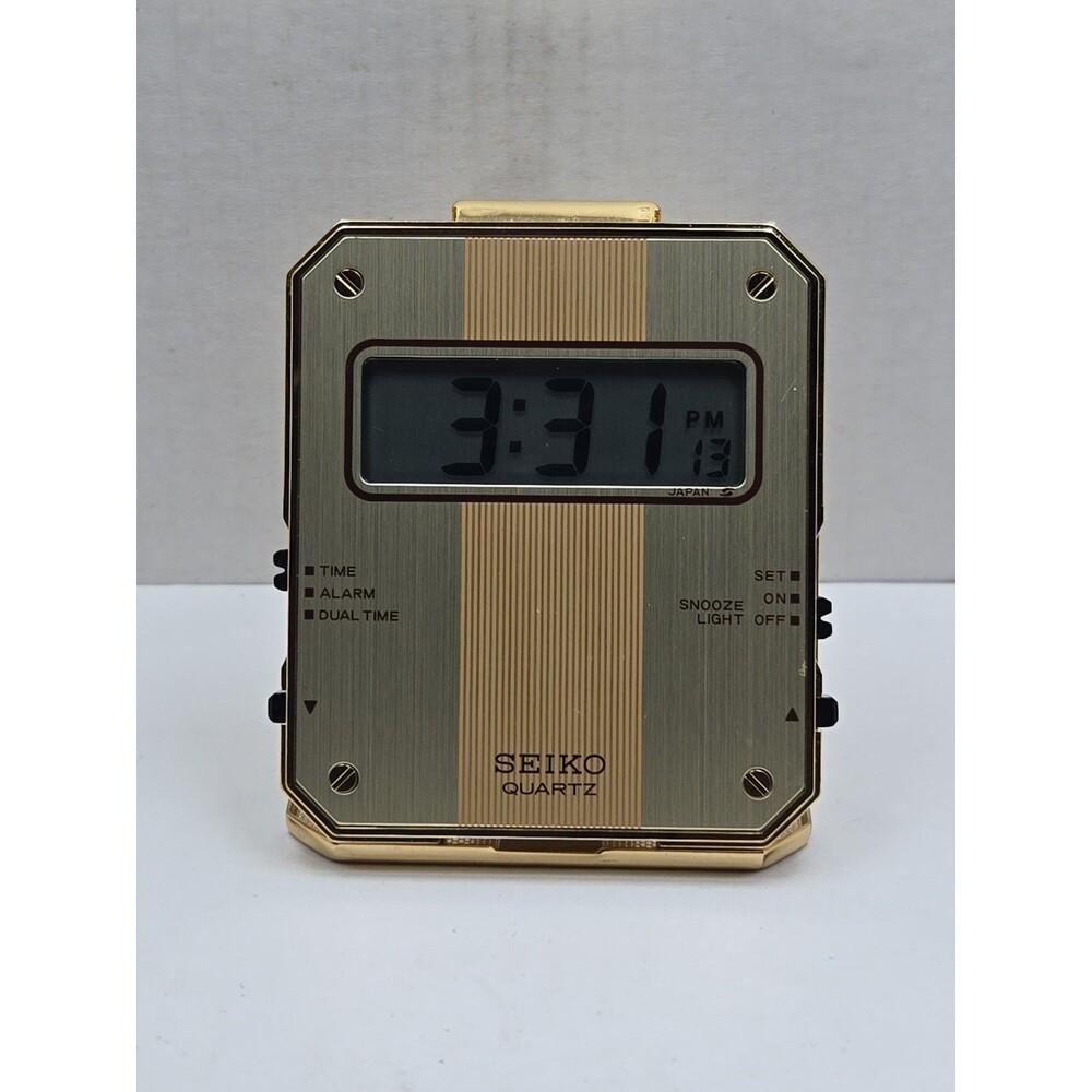 Vintage Seiko QEK203F Quartz Digital Travel Alarm Clock Folding Gold New Battery